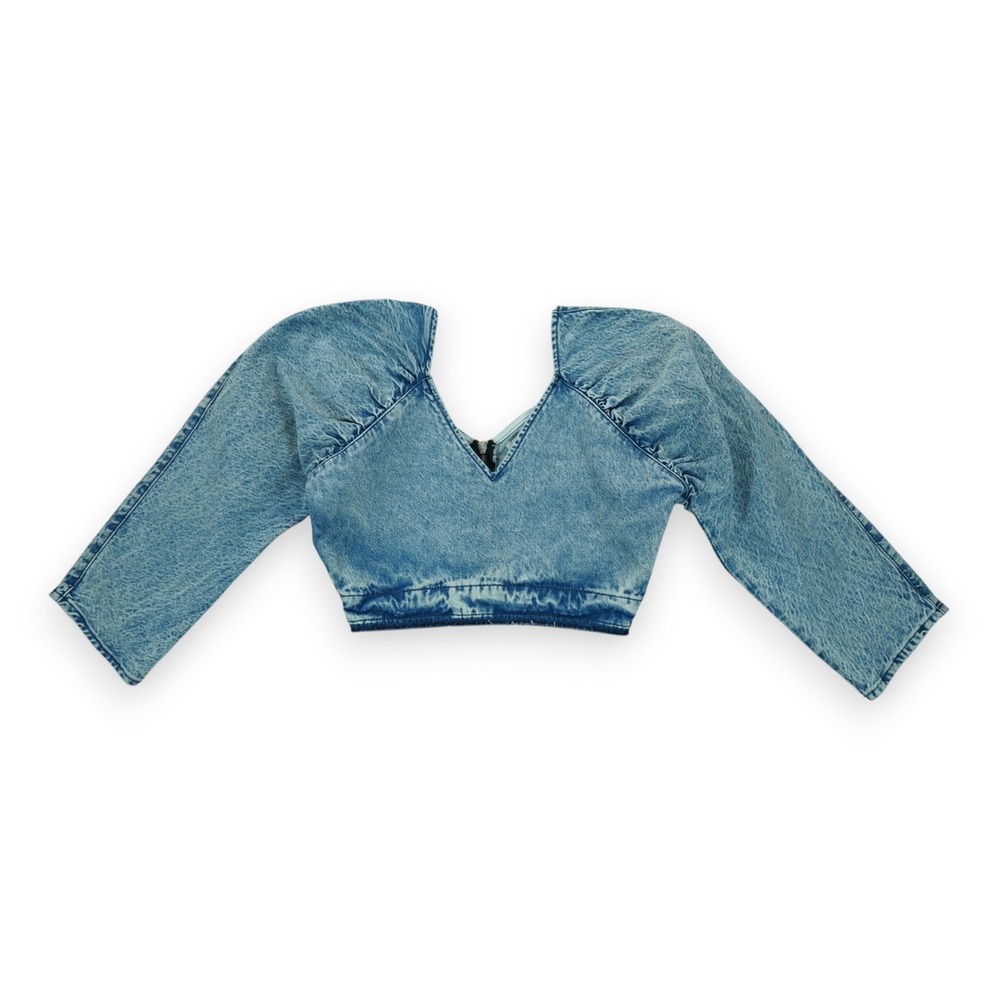 NWT Topshop Denim Crop Top Puff Sleeve Long‎ Sleeve V-Neck Blouse, Size 2